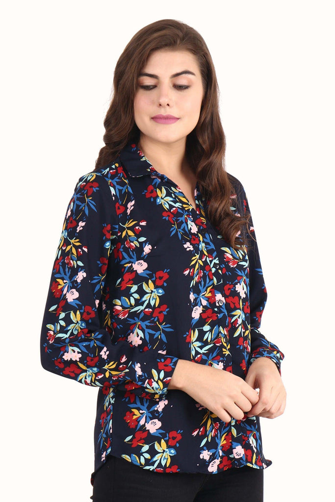 Model wearing Poly Crepe Shirt with Pattern type: Floral-7