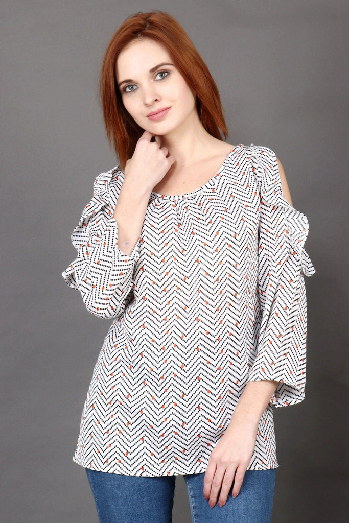 Model wearing Poly Crepe Top with Pattern type: Zig Zag-1