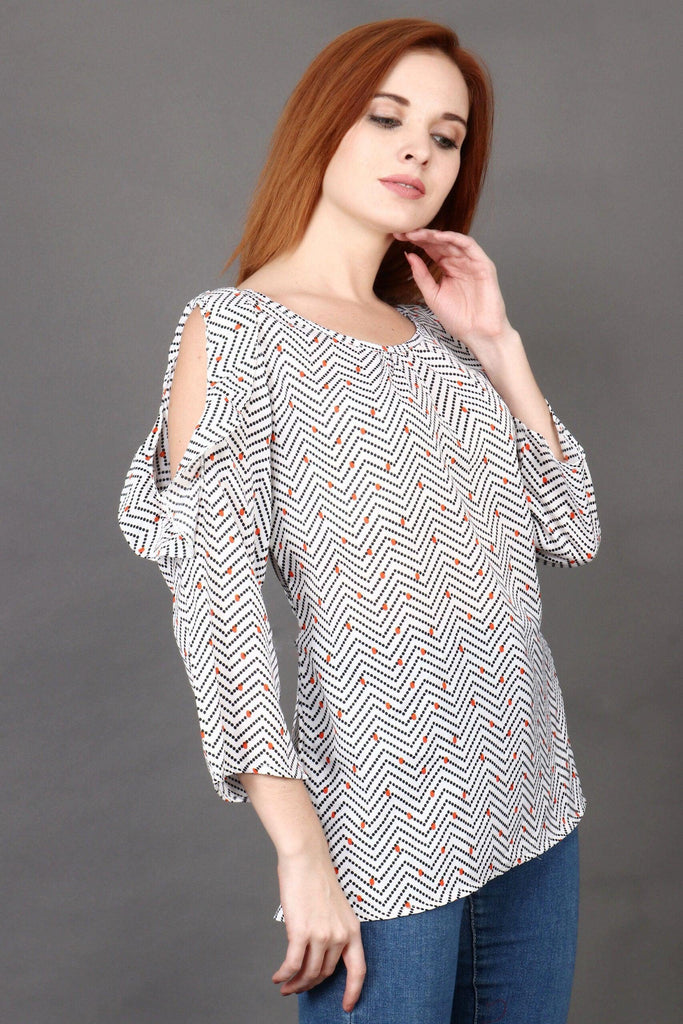 Model wearing Poly Crepe Top with Pattern type: Zig Zag-3