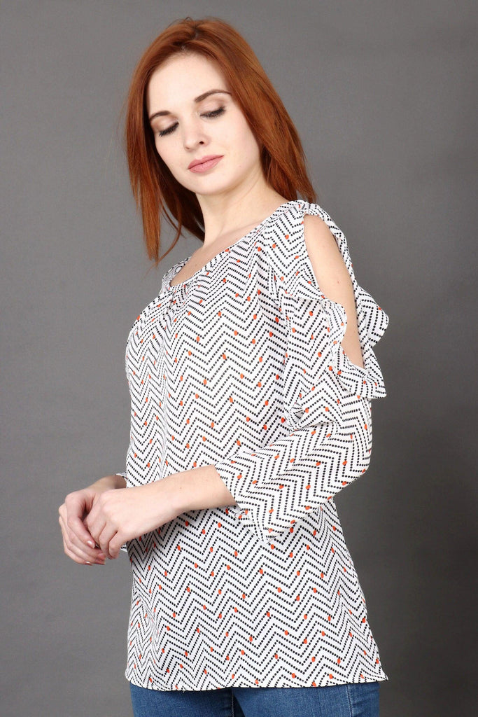 Model wearing Poly Crepe Top with Pattern type: Zig Zag-5