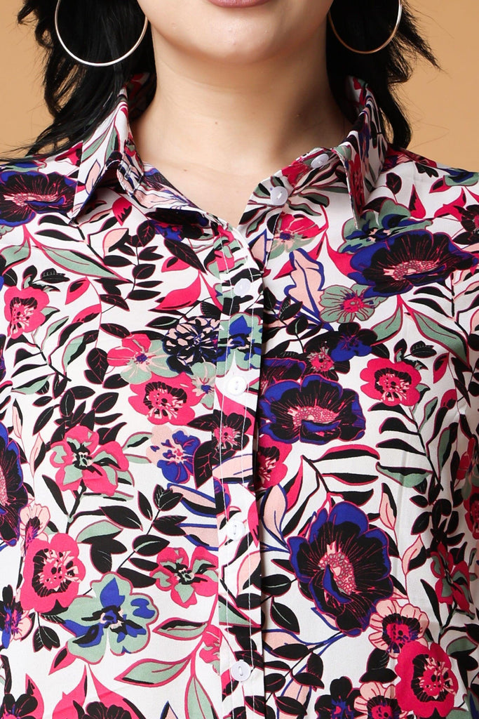 Model wearing Poly Crepe Shirt with Pattern type: Floral-2