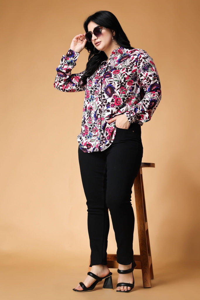 Model wearing Poly Crepe Shirt with Pattern type: Floral-7