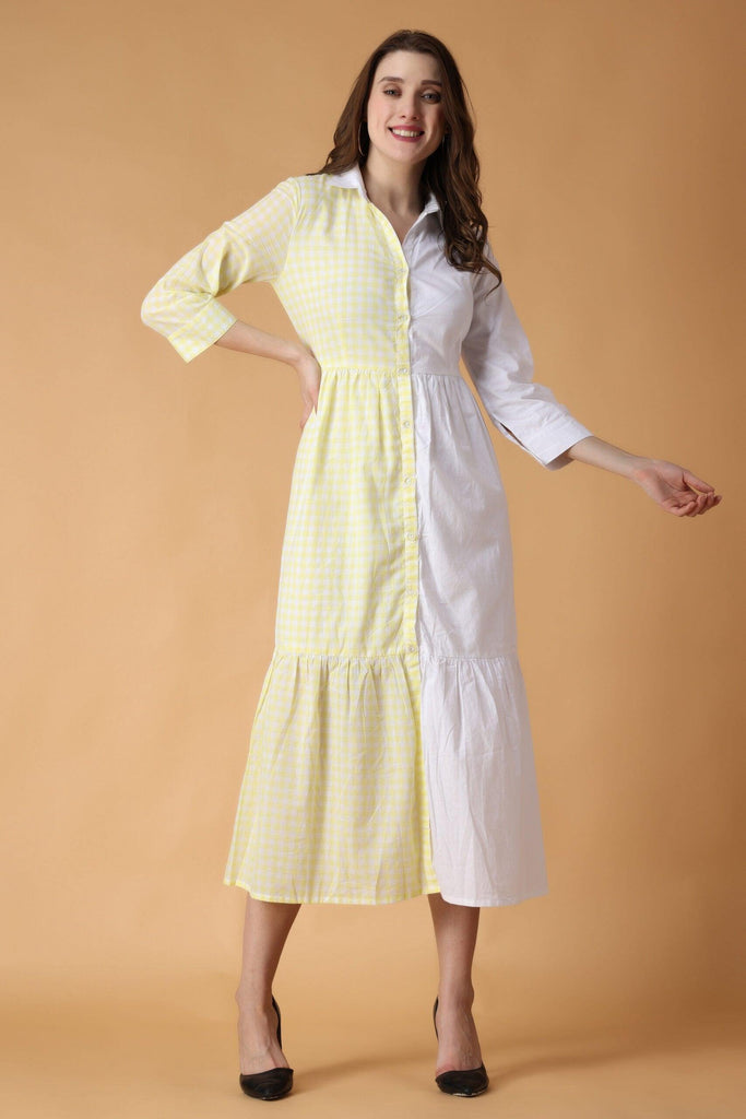 Model wearing Cotton Midi Dress with Pattern type: Solid-5