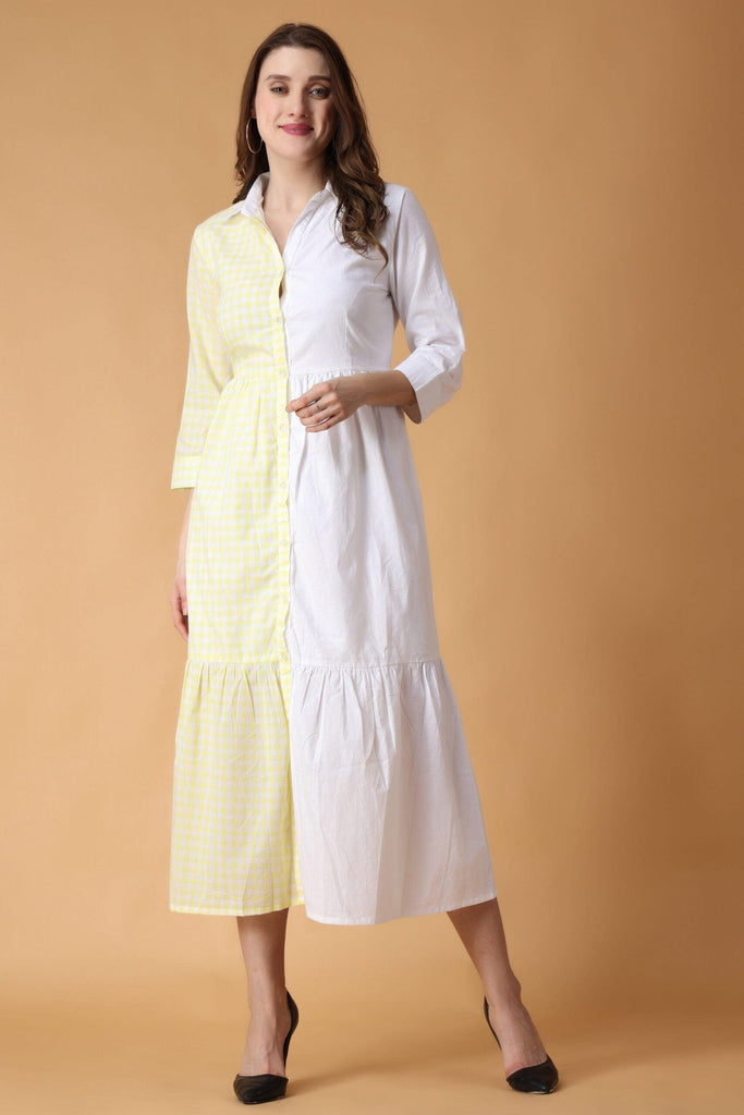 Model wearing Cotton Midi Dress with Pattern type: Solid-6