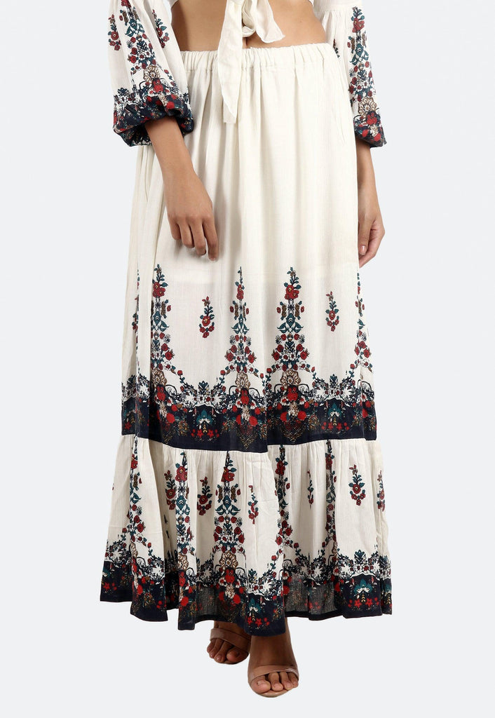 Model wearing Viscose Crepe Maxi Skirt with Pattern type: Floral-1