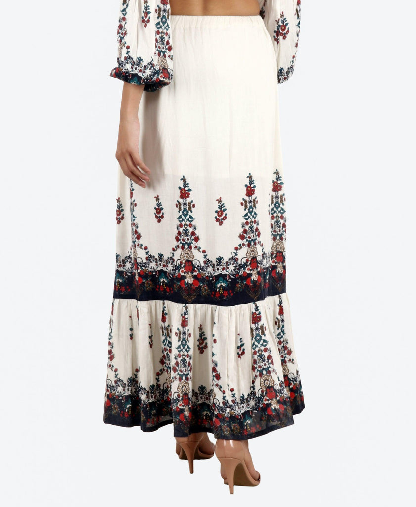 Model wearing Viscose Crepe Maxi Skirt with Pattern type: Floral-5