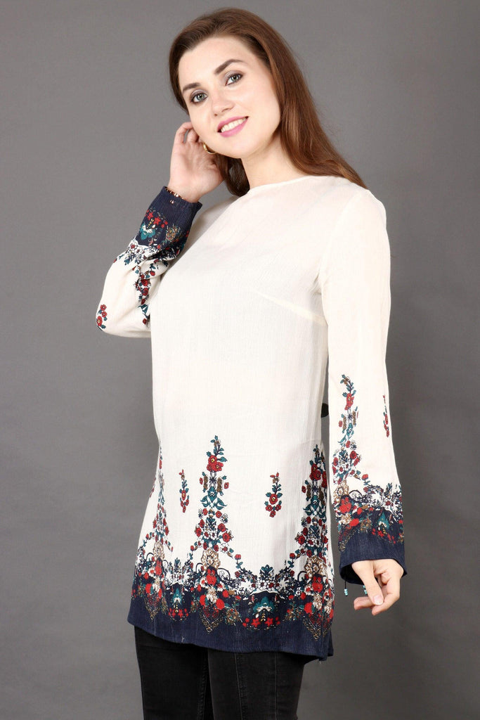 Model wearing Viscose Crepe Tunic with Pattern type: Floral-5