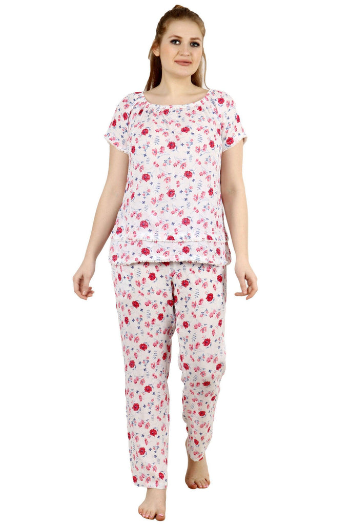 Model wearing Viscose Night Suit Set with Pattern type: Floral-1