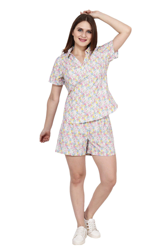Model wearing Cotton Poplin Night Suit Set with Pattern type: Floral-2