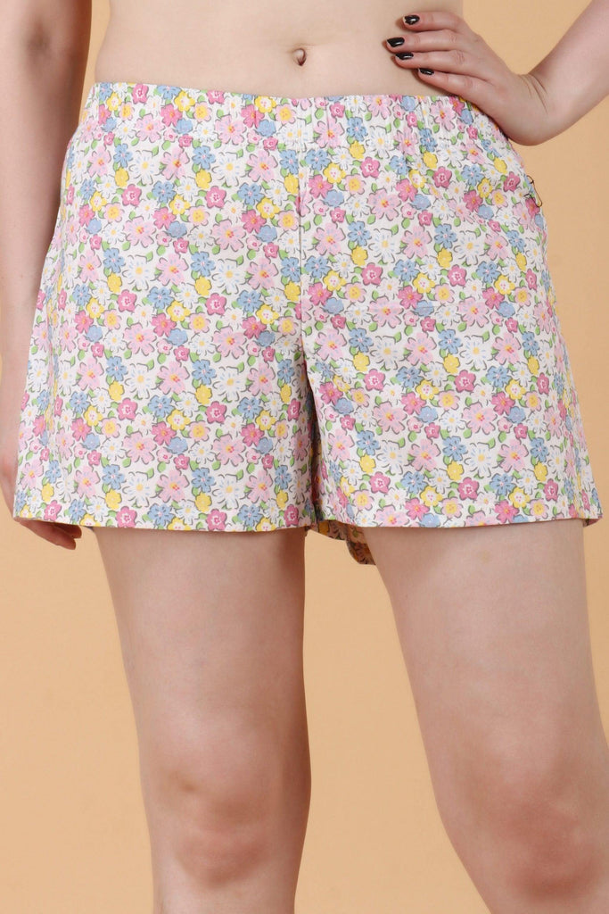 Model wearing Cotton Shorts with Pattern type: Floral-1