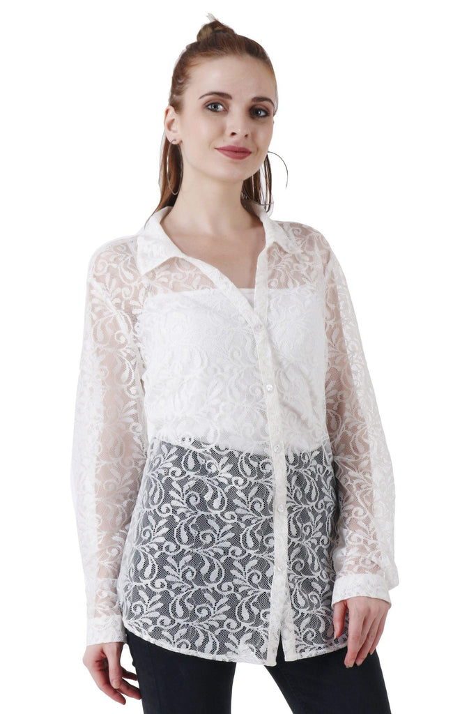 Model wearing Lace Shirt with Pattern type: Solid-1