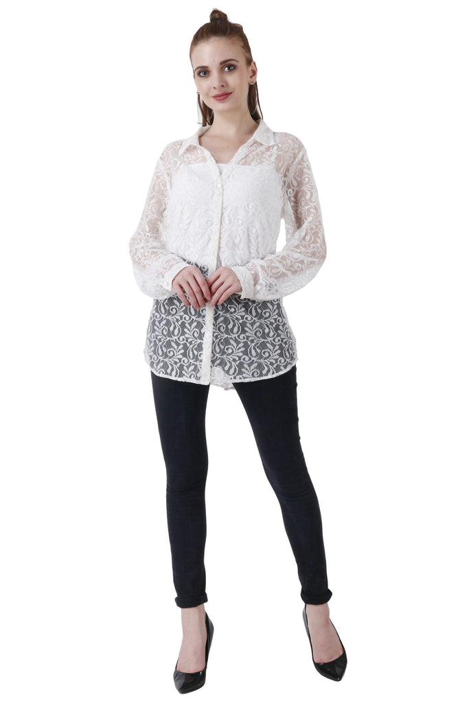 Model wearing Lace Shirt with Pattern type: Solid-2