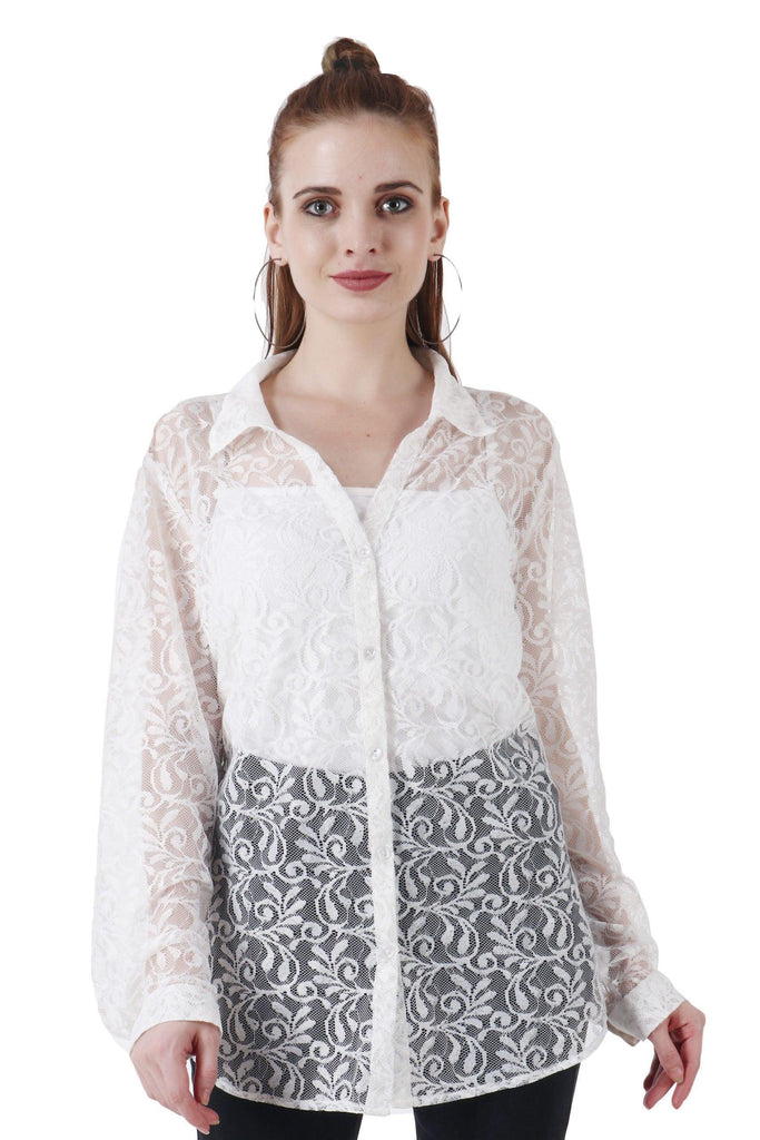 Model wearing Lace Shirt with Pattern type: Solid-3
