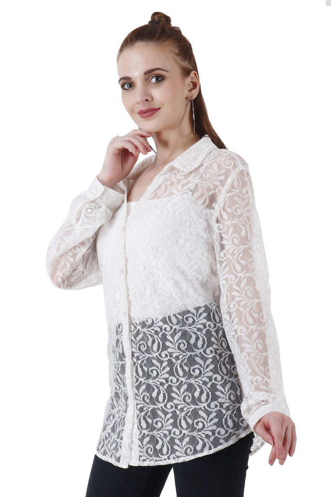 Model wearing Lace Shirt with Pattern type: Solid-5