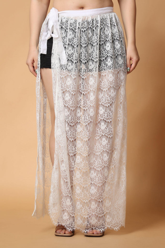 Model wearing Chiffon Net Maxi Skirt with Pattern type: Solid-2