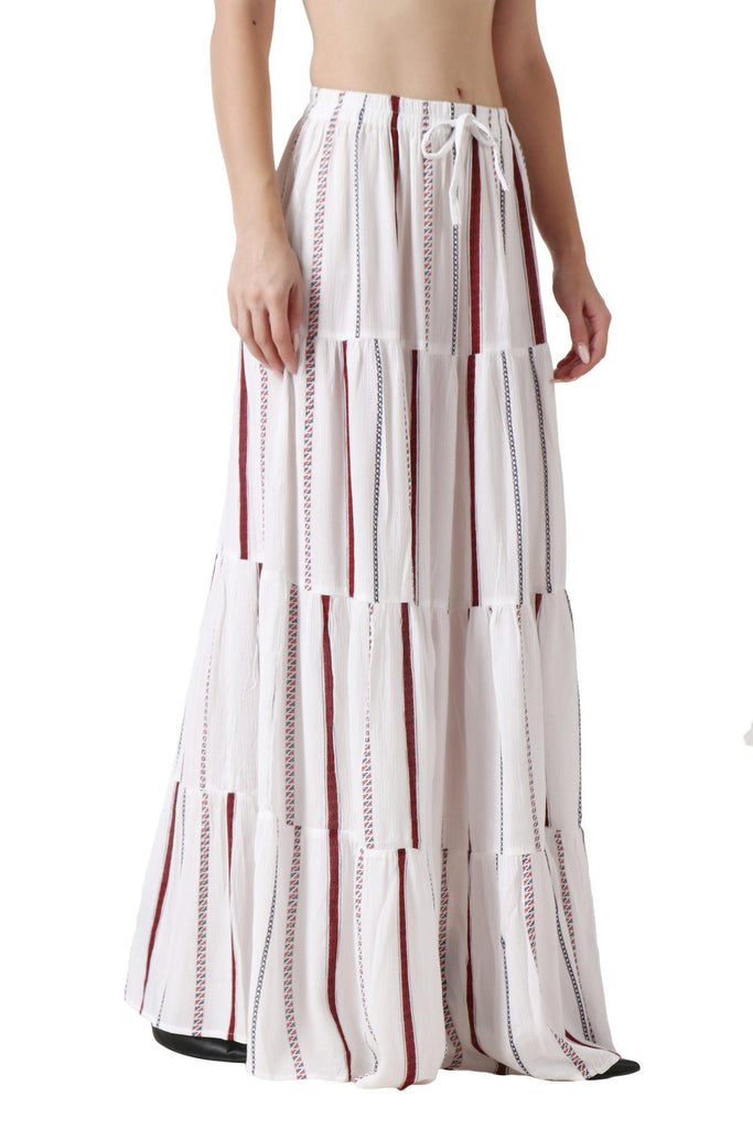Model wearing Viscose Crepe Maxi Skirt with Pattern type: Striped-3