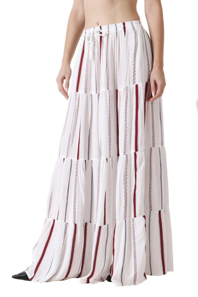 Model wearing Viscose Crepe Maxi Skirt with Pattern type: Striped-4