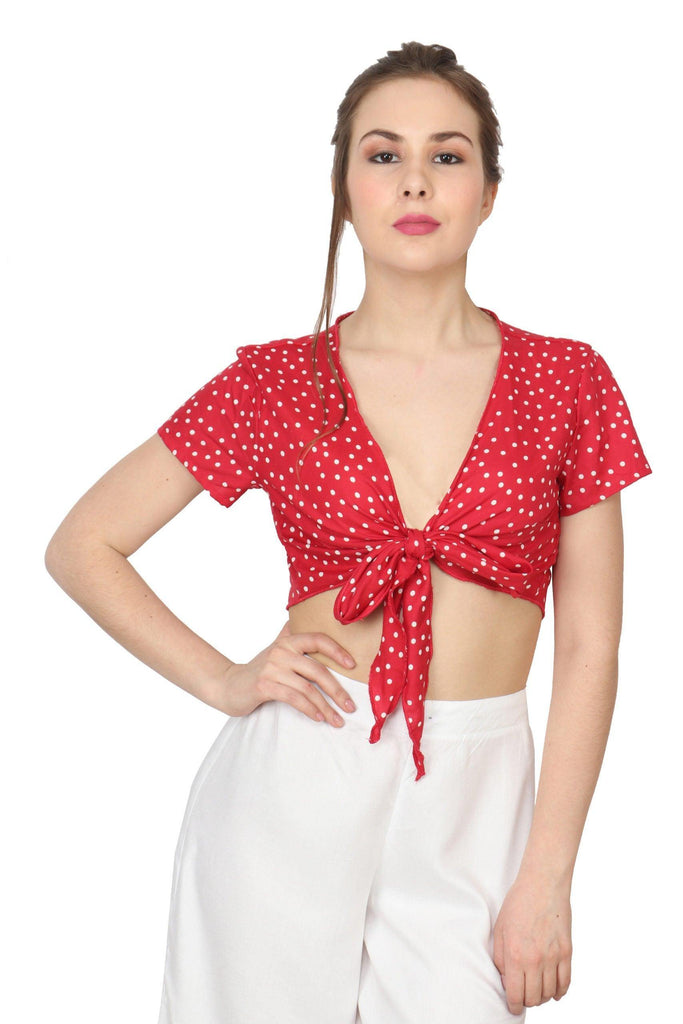 Model wearing Rayon Shrug with Pattern type: Polka Dots-1