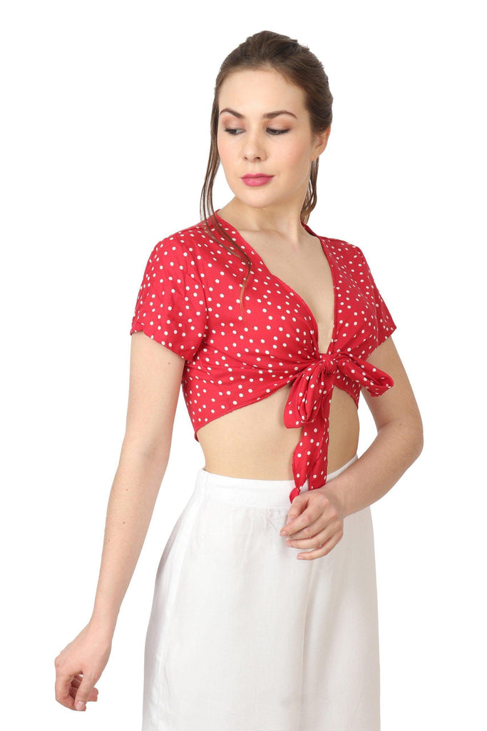 Model wearing Rayon Shrug with Pattern type: Polka Dots-2