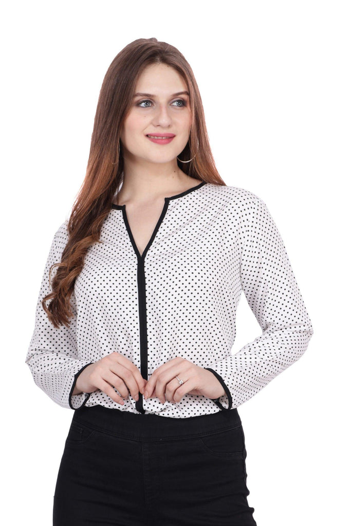 Model wearing Polyester Top with Pattern type: Polka Dots-1