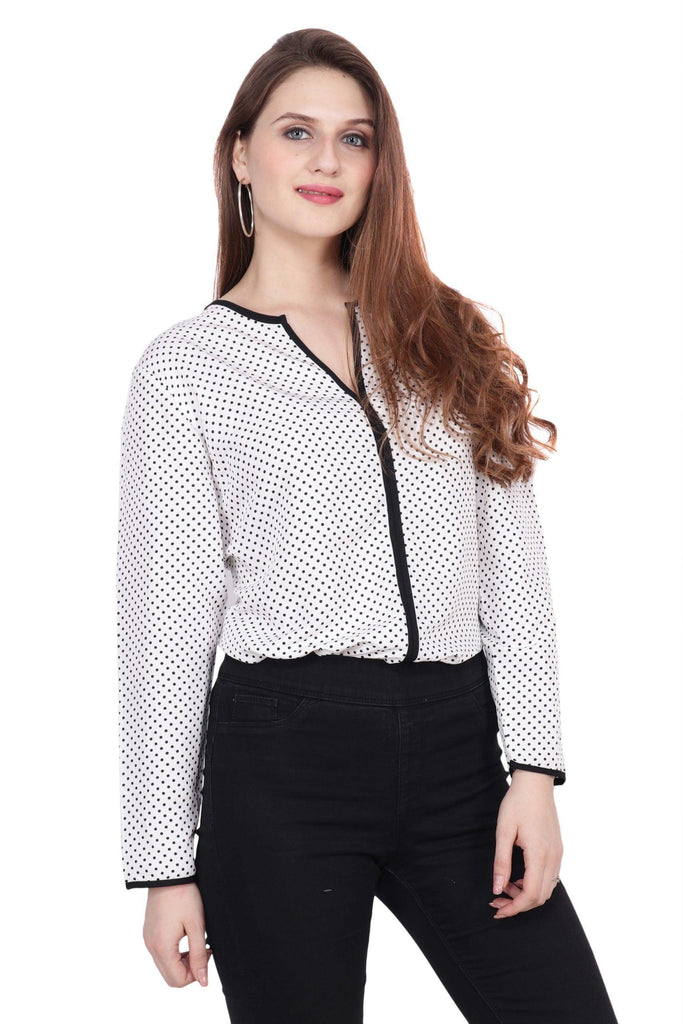Model wearing Polyester Top with Pattern type: Polka Dots-4