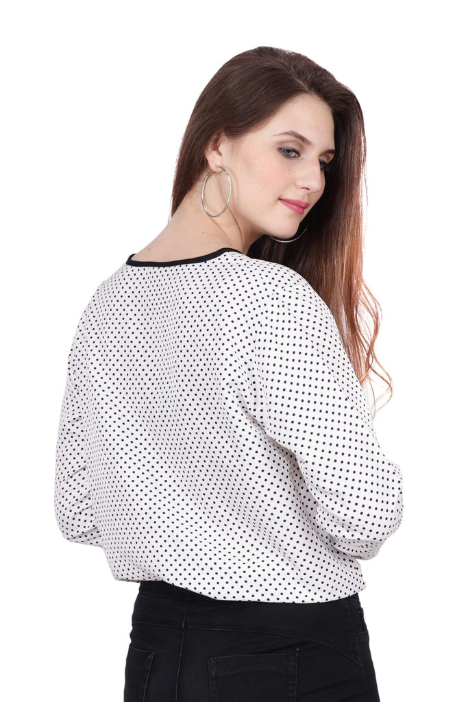 Model wearing Polyester Top with Pattern type: Polka Dots-5