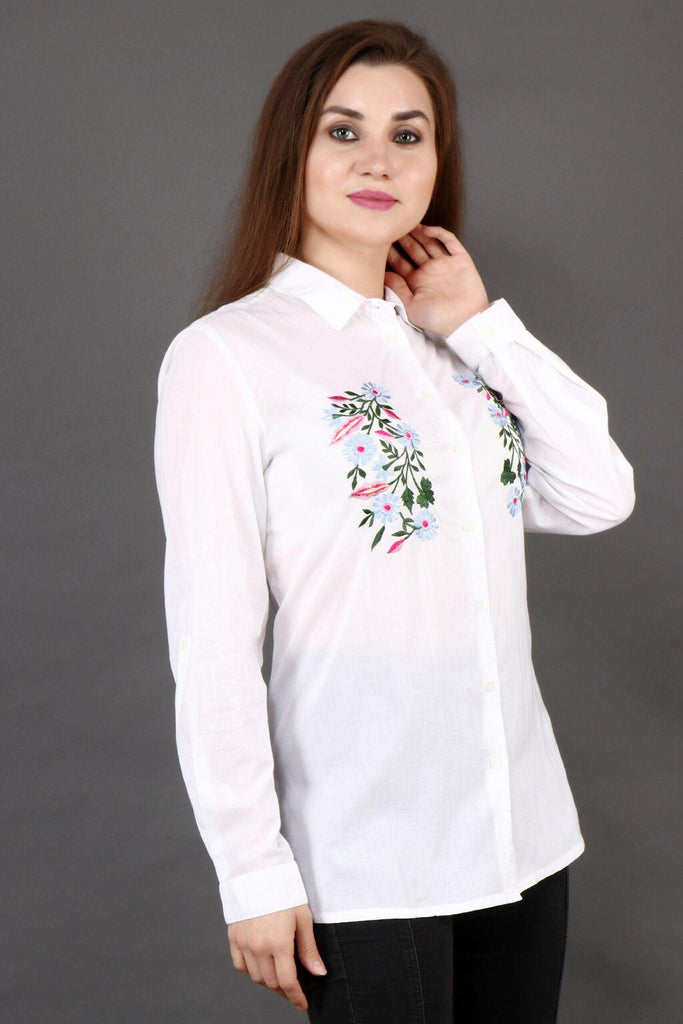 Model wearing Poly Crepe Shirt with Pattern type: Floral-3