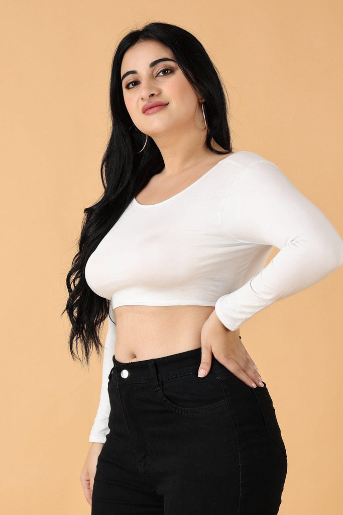 Model wearing Poly Lycra Crop Top with Pattern type: Solid-4