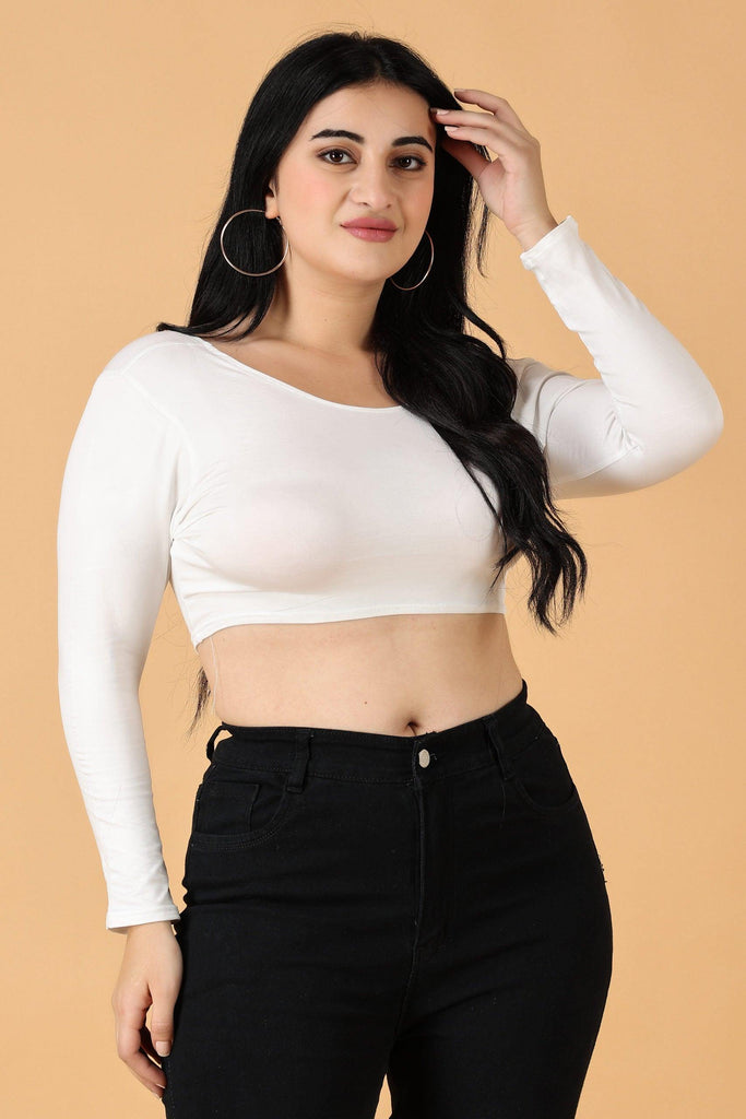 Model wearing Poly Lycra Crop Top with Pattern type: Solid-5