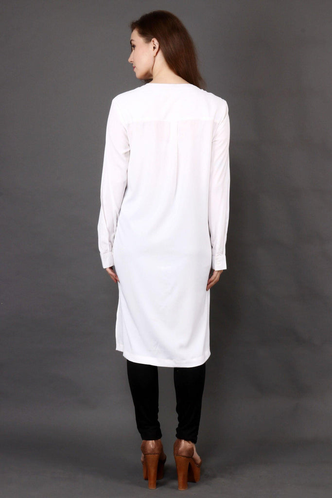 Model wearing Polyster Georgette Tunic with Pattern type: Solid-5