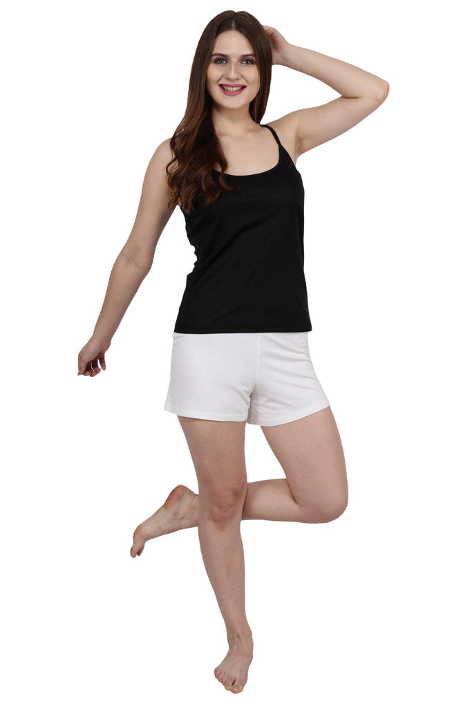 Model wearing Viscose Elastane Shorts with Pattern type: Solid-1