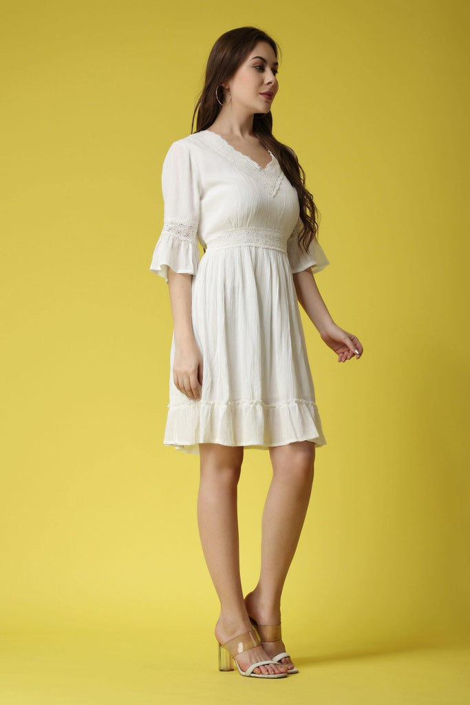 Model wearing Viscose Crepe Mini Dress with Pattern type: Solid-3