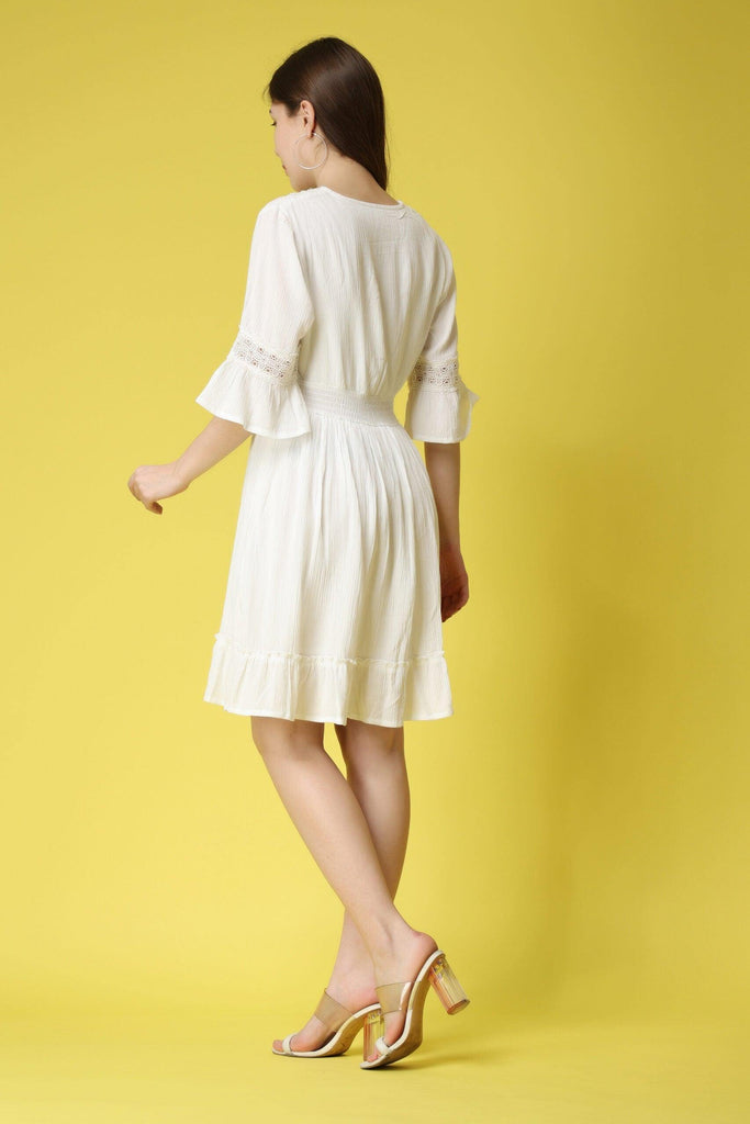 Model wearing Viscose Crepe Mini Dress with Pattern type: Solid-7