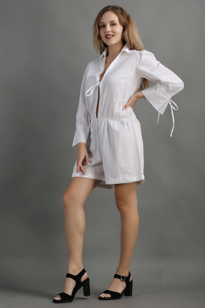 Model wearing Cotton Playsuit with Pattern type: Solid-3