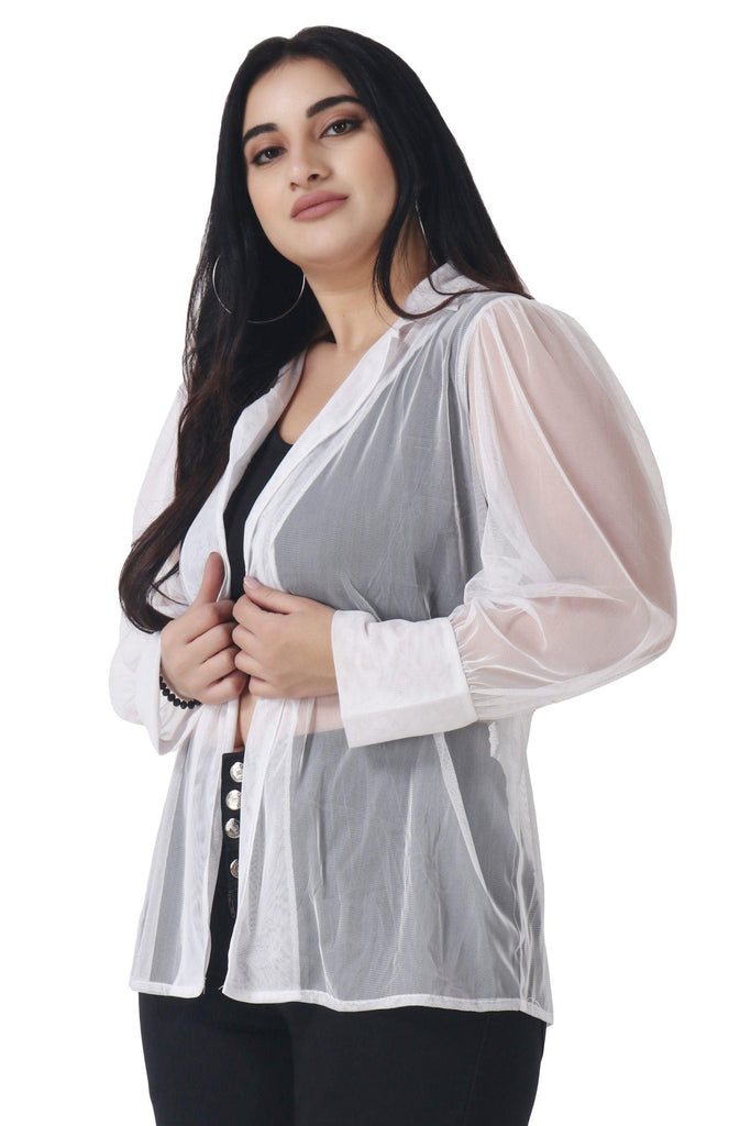 Model wearing Polyester Shrug with Pattern type: Solid-1