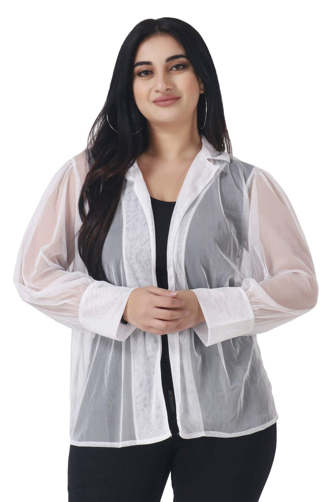Model wearing Polyester Shrug with Pattern type: Solid-4
