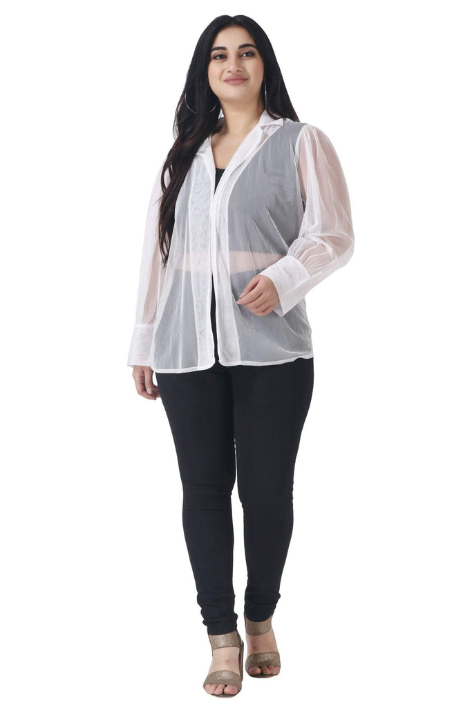 Model wearing Polyester Shrug with Pattern type: Solid-5