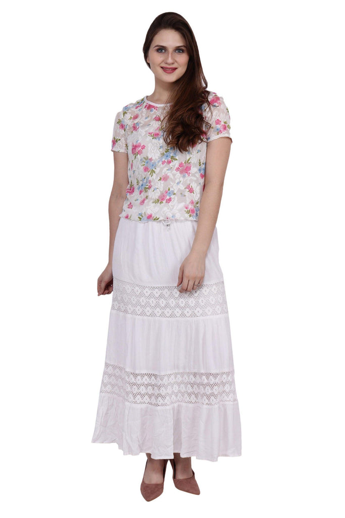 Model wearing Viscose Crepe Maxi Skirt with Pattern type: Solid-2