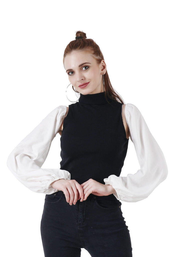 Model wearing Poly Crepe Sleeves with Pattern type: Solid-1