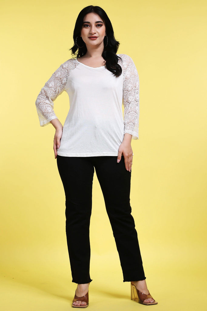 Model wearing Viscose Lycra Top with Pattern type: Solid-2