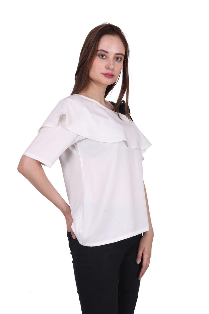 Model wearing Polyester Top with Pattern type: Solid-2