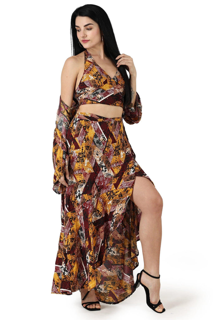 Model wearing Polyester Co-ord Set with Pattern type: Abstract-5
