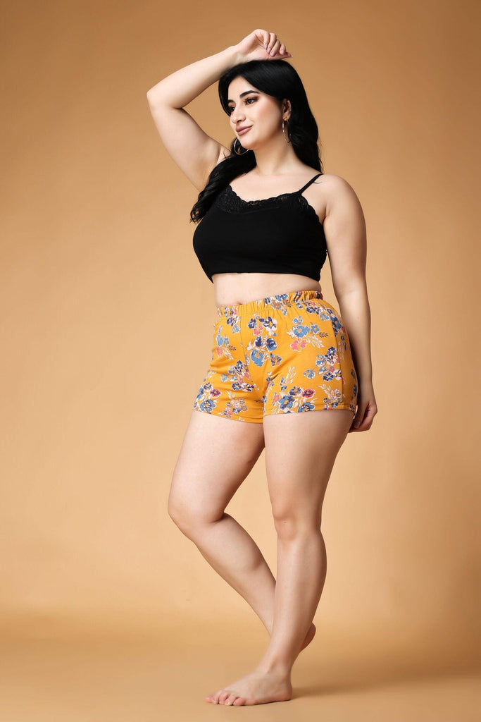 Model wearing Viscose Lycra Shorts with Pattern type: Floral-2