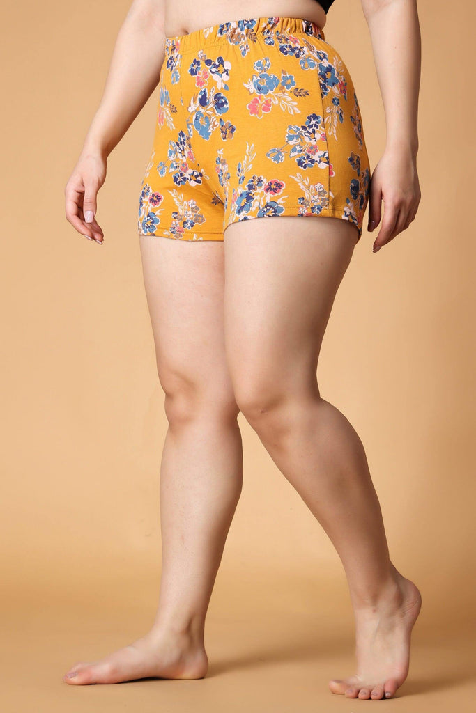 Model wearing Viscose Lycra Shorts with Pattern type: Floral-4