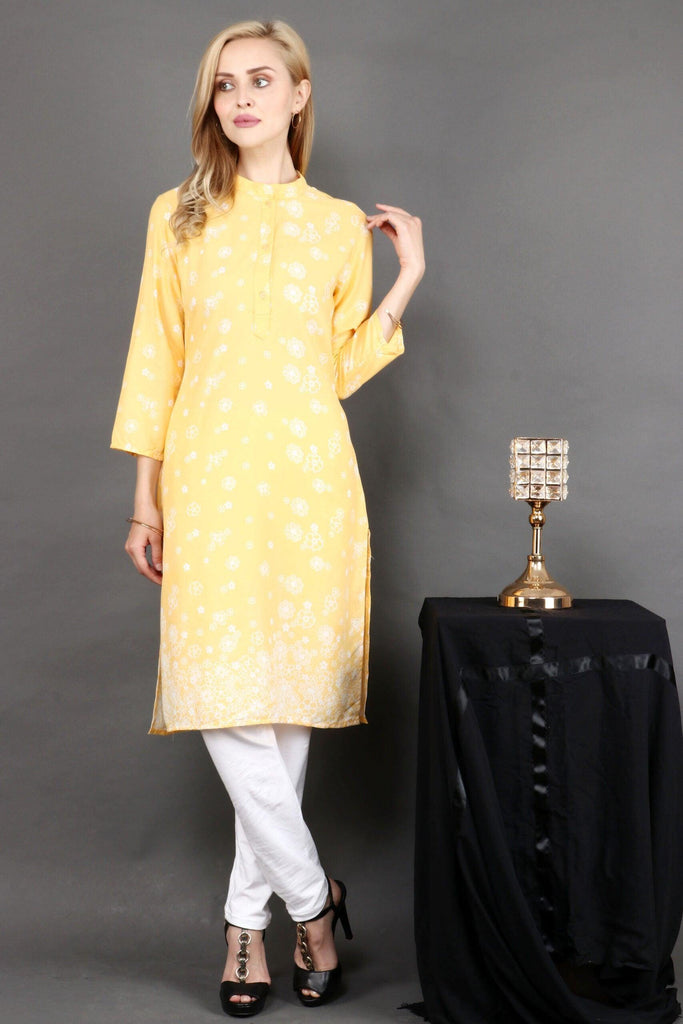 Model wearing Polyester Kurti with Pattern type: Floral-1