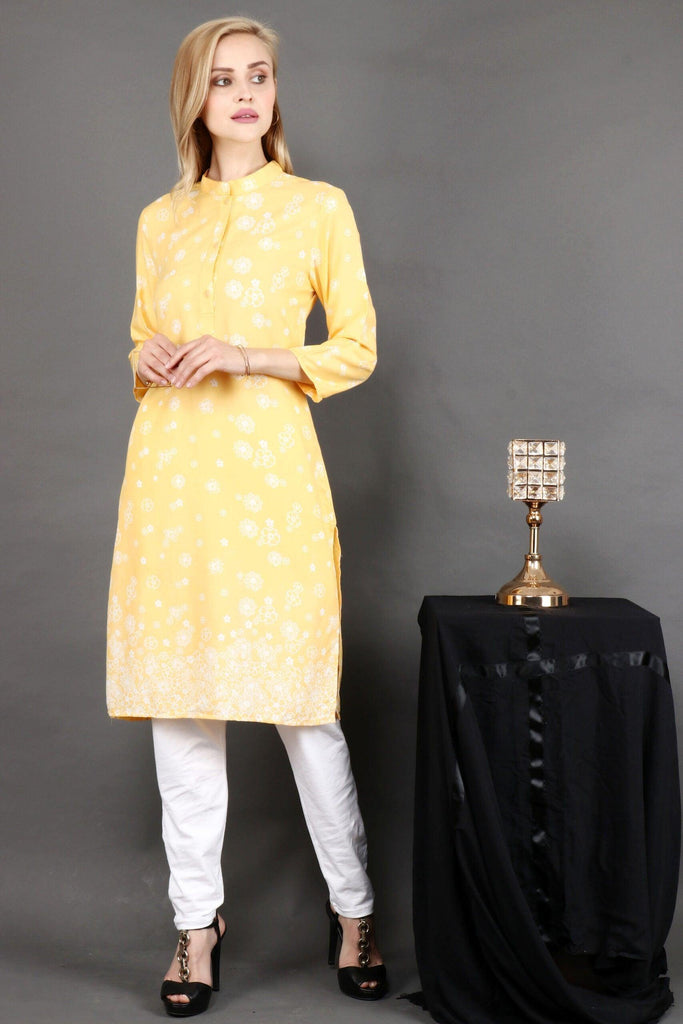 Model wearing Polyester Kurti with Pattern type: Floral-5