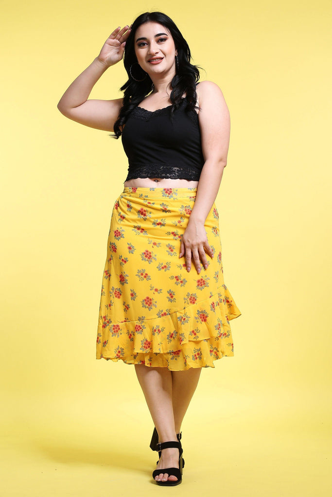 Model wearing Polyster Georgette Midi Skirt with Pattern type: Floral-5
