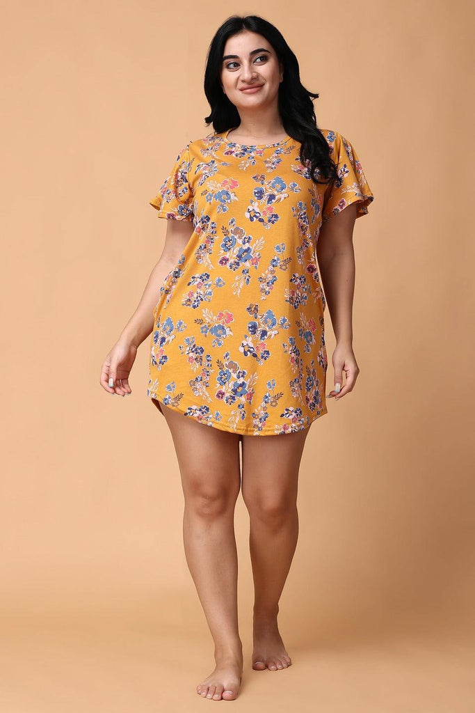 Model wearing Cotton Lycra Mini Night Dress with Pattern type: Floral-2