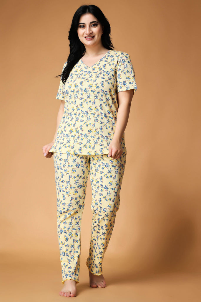 Model wearing Cotton Blended Night Suit Set with Pattern type: Floral-1