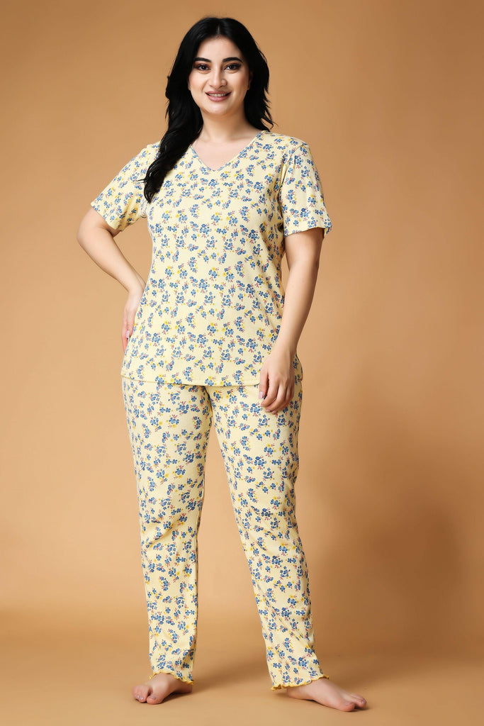 Model wearing Cotton Blended Night Suit Set with Pattern type: Floral-2